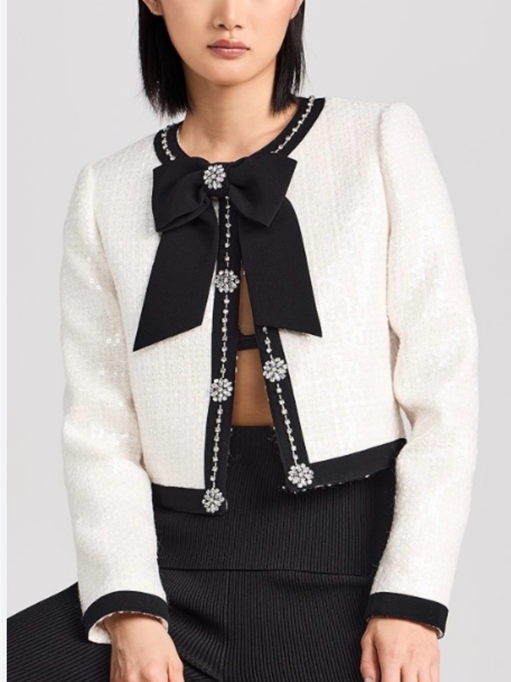 Alice +Olivia White Tweed Cropped Jacket w/ Crystal Embellished &Blk Bow Trim M